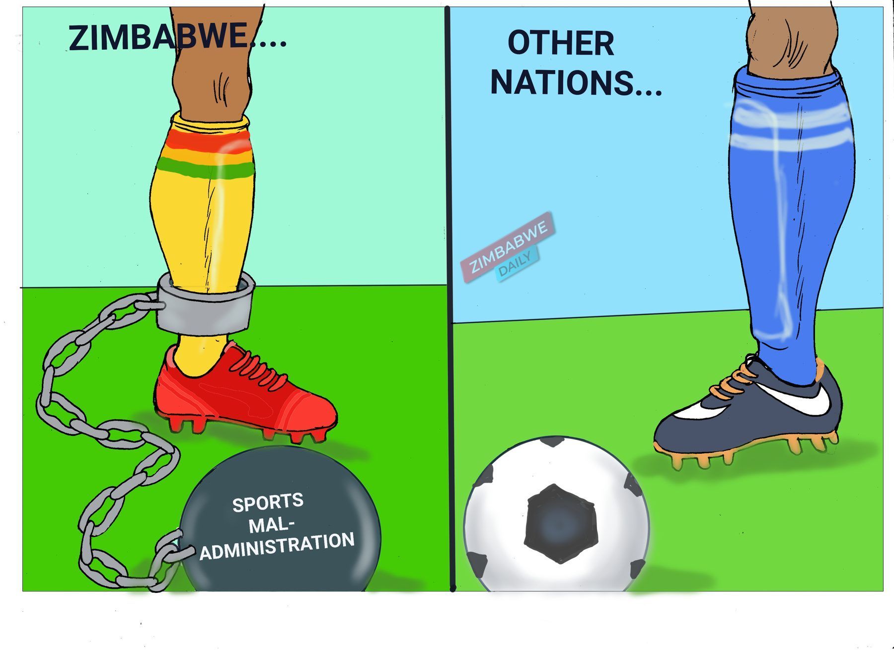 Cartoon of a Zimbabwe footballer's leg chained to a ball labelled sports mal-administration