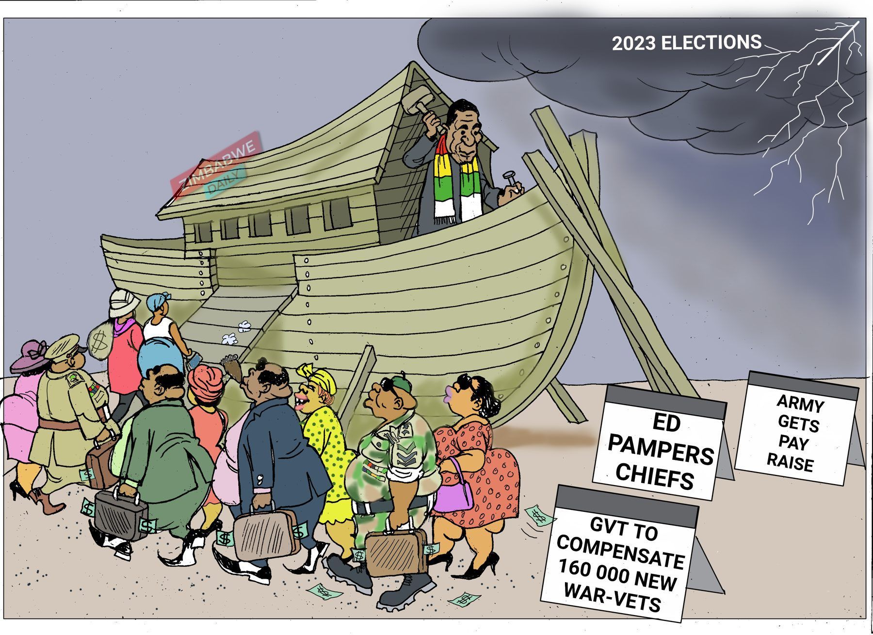 Cartoon of a Noah's Ark labelled 2023 Elections with signs about payouts to war veterans, chiefs and the army