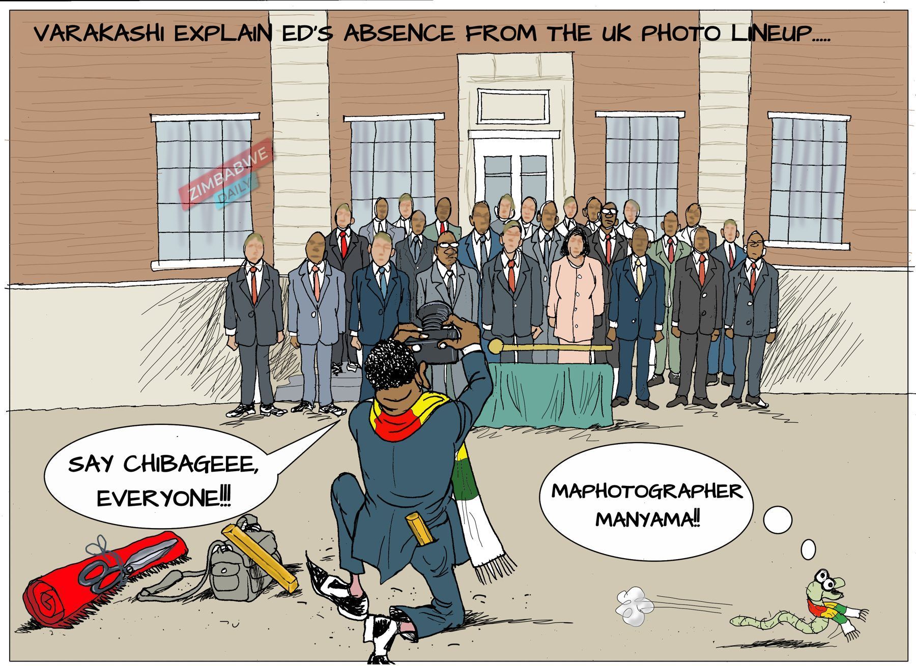 Cartoon of party loyalists explaining the President's absence from a coronation photo line-up