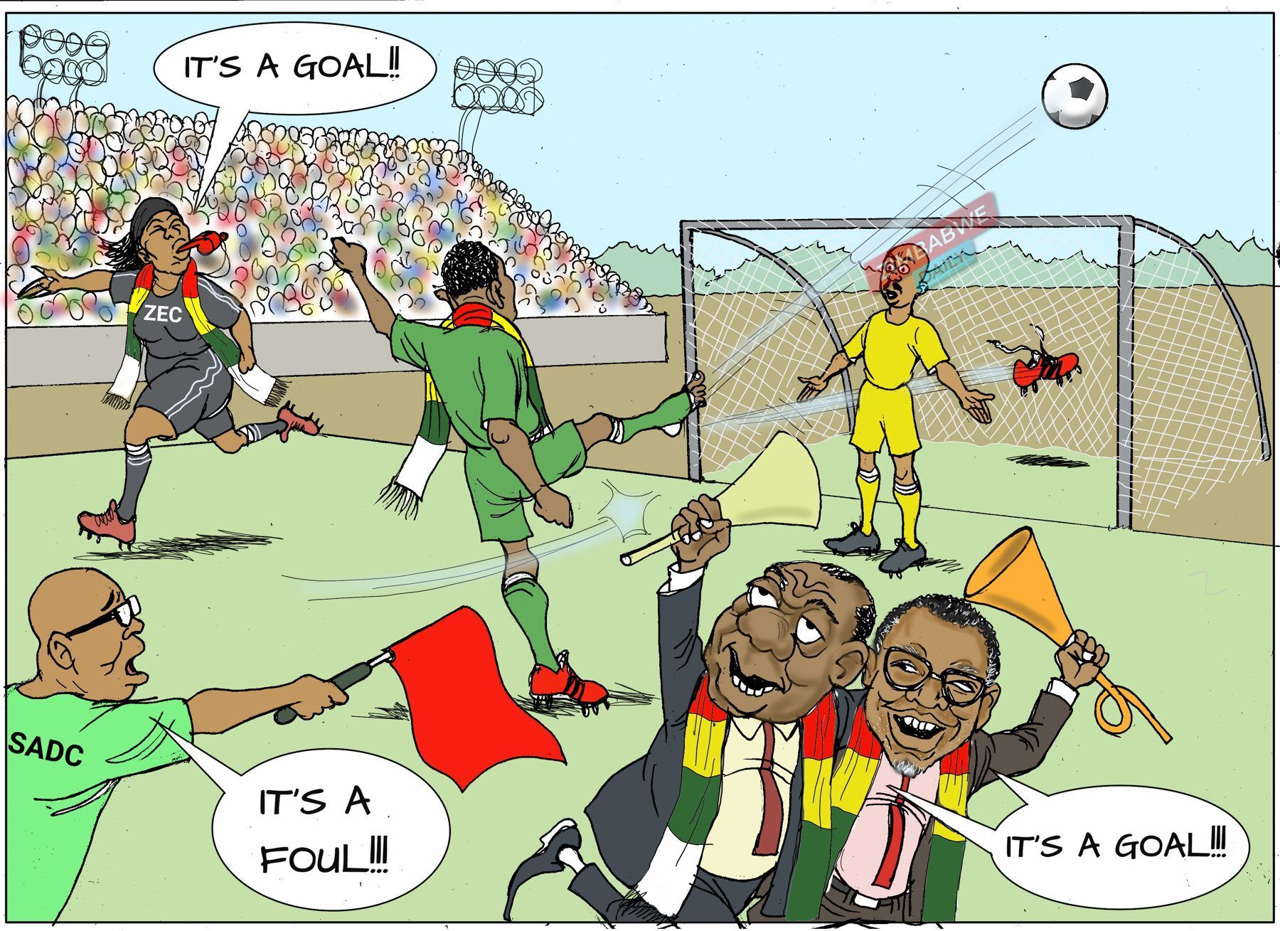 Cartoon of a SADC linesman raising a flag for a foul while officials celebrate a goal