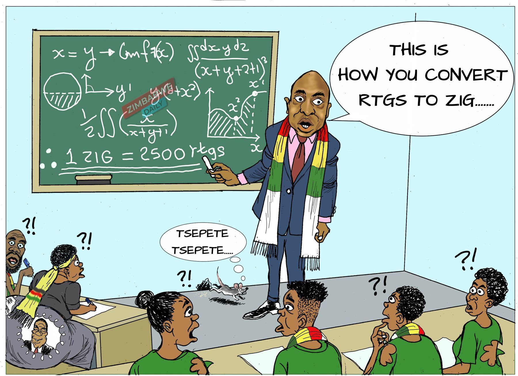 Cartoon of a man at a blackboard of equations explaining how to convert RTGS to ZiG to a baffled class