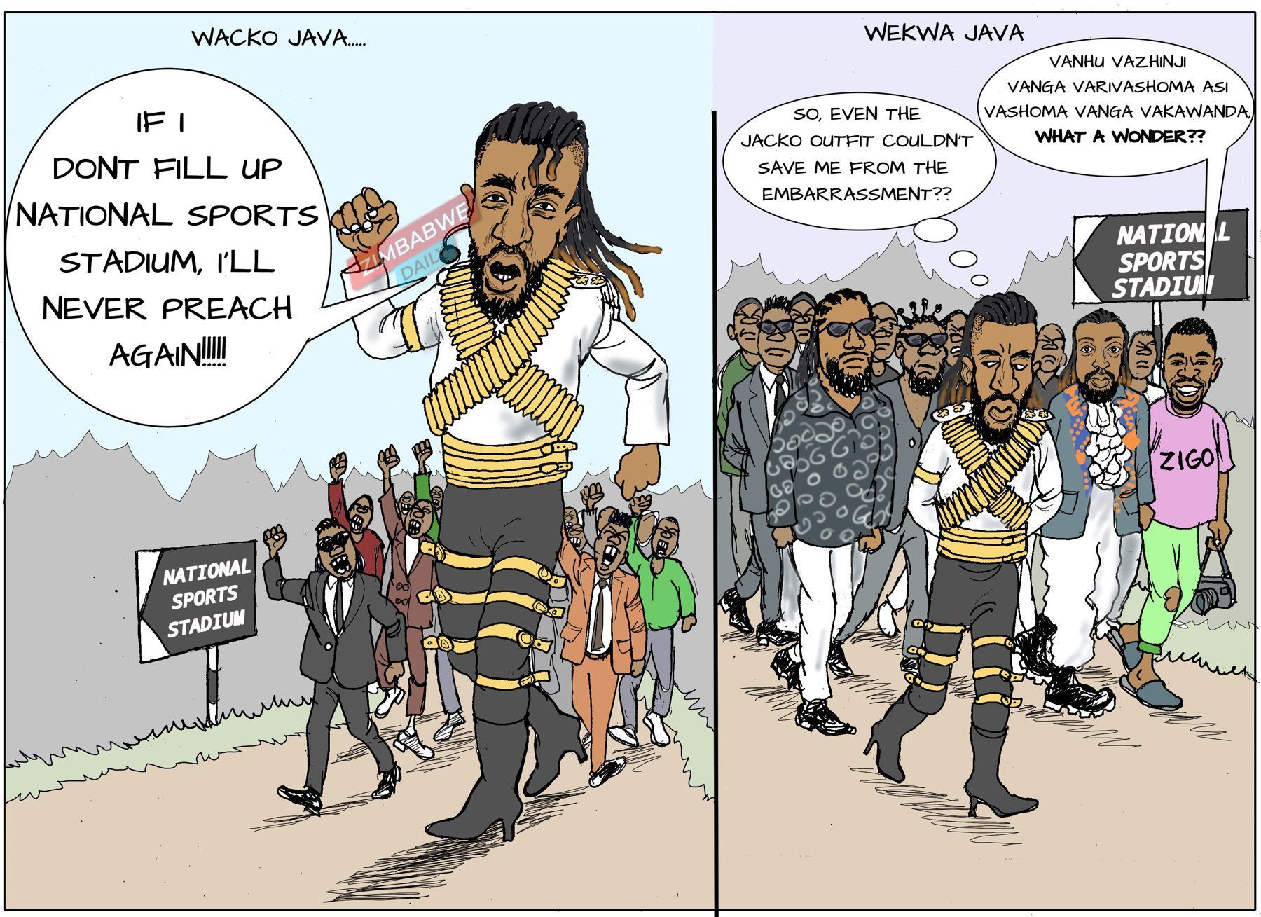 Cartoon of a preacher in a Michael Jackson-style outfit vowing to fill the National Sports Stadium