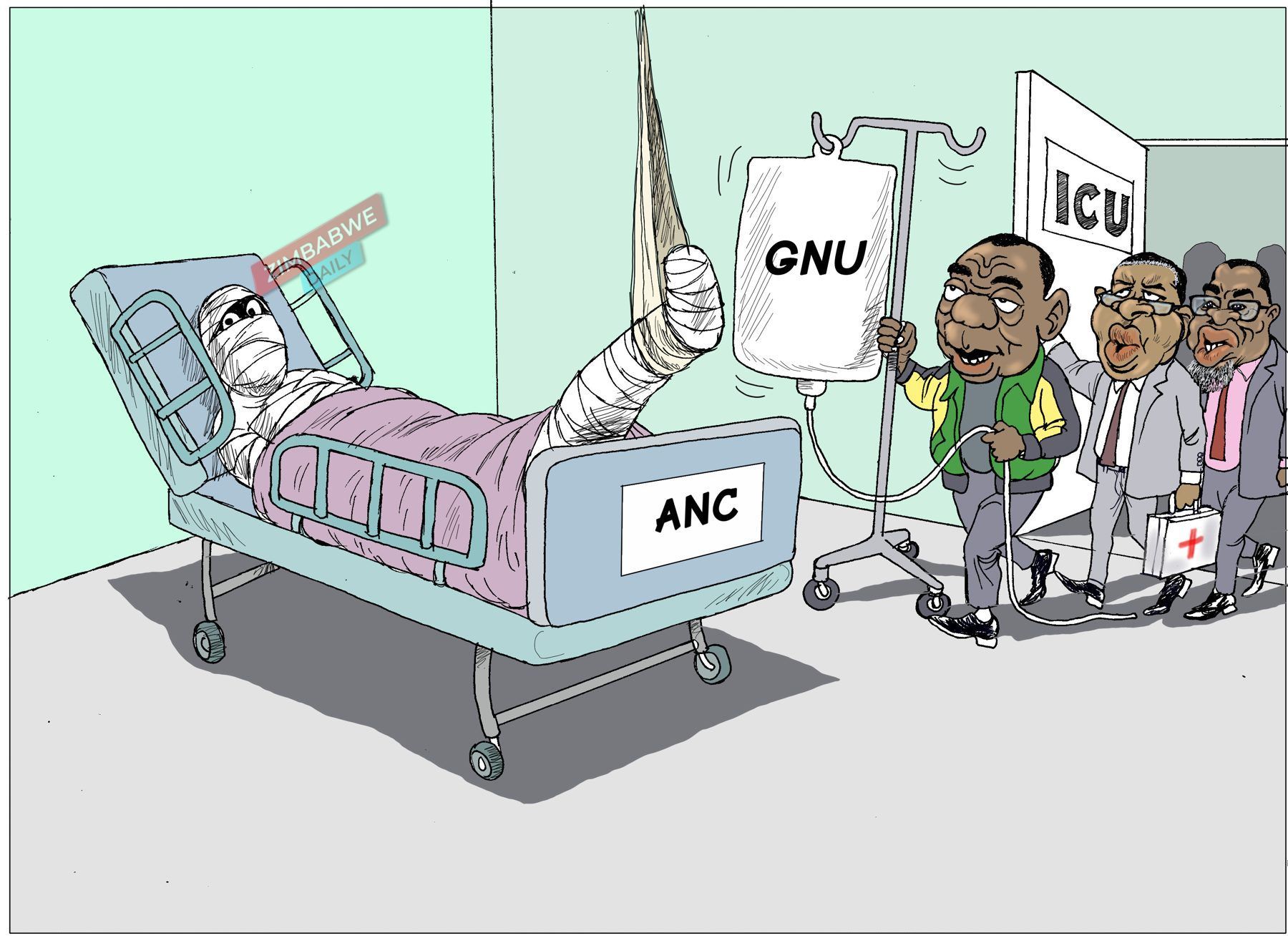 Cartoon of a bandaged patient labelled ANC in an ICU bed on a GNU drip, with visitors arriving