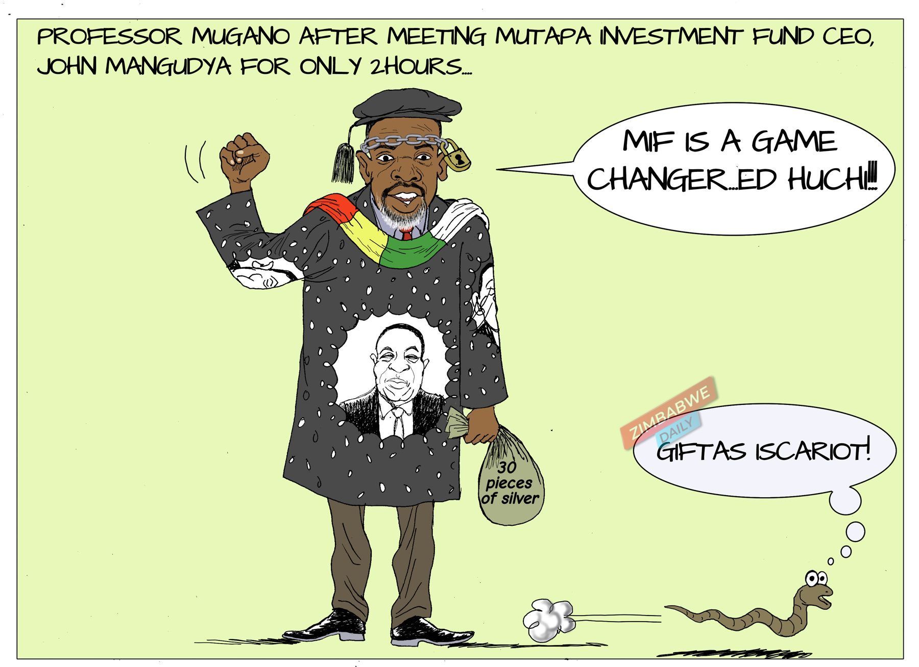 Cartoon of a professor in academic robes declaring the Mutapa Investment Fund a game changer