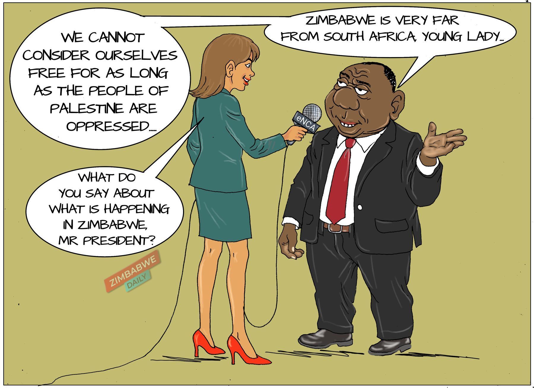 Cartoon of a reporter questioning South Africa's president about Zimbabwe after he speaks about Palestine
