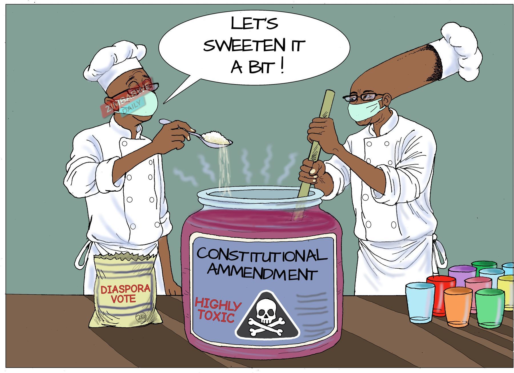 Cartoon of two chefs adding sugar labelled DIASPORA VOTE to a toxic jar labelled CONSTITUTIONAL AMENDMENT