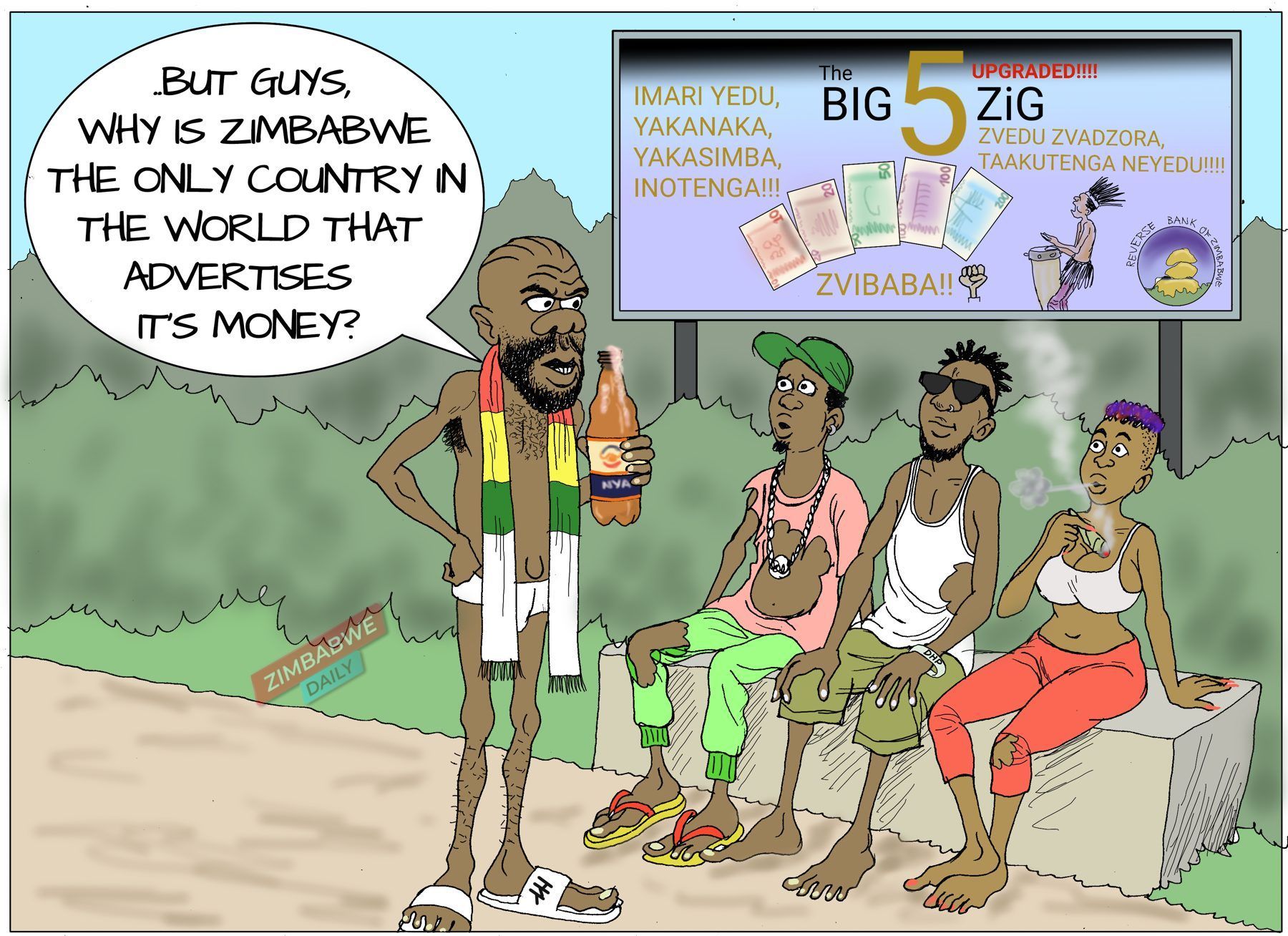 Cartoon of young men under a billboard advertising the Big 5 ZiG banknotes
