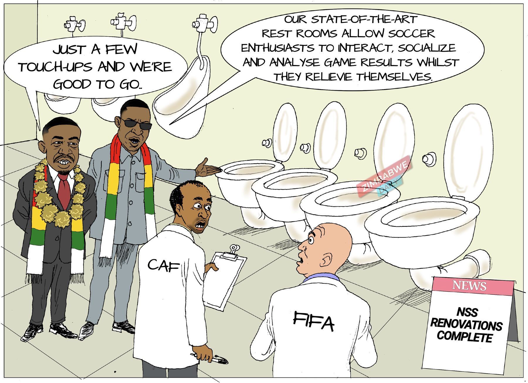 Cartoon of officials showing CAF and FIFA inspectors a row of toilets at the renovated National Sports Stadium
