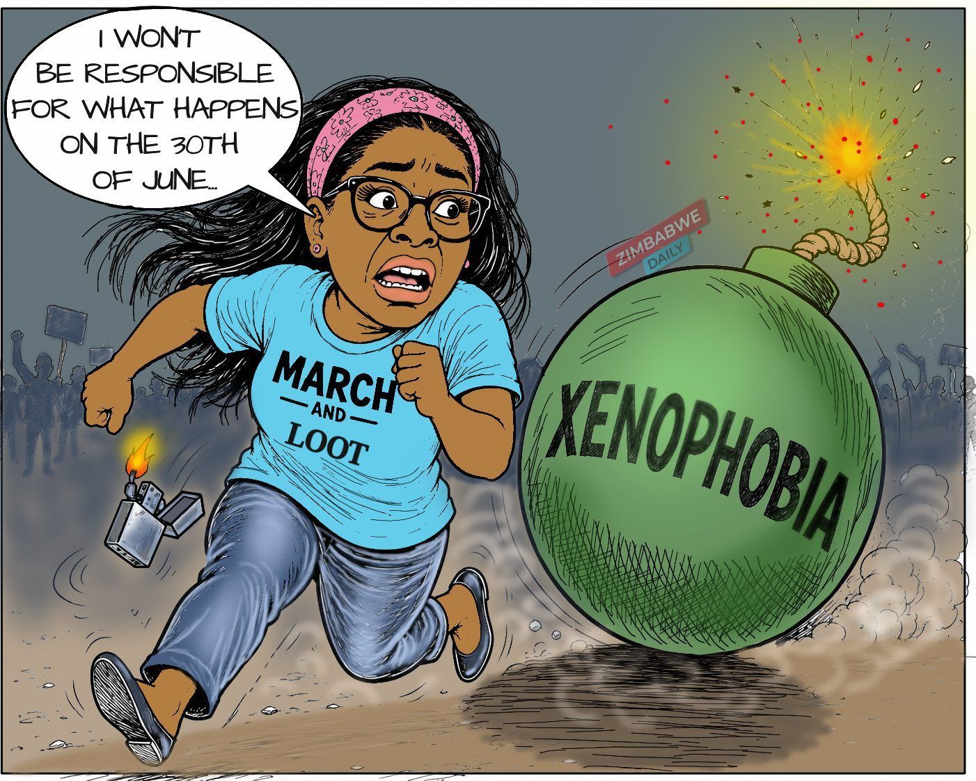 Cartoon of a woman in a March and Loot T-shirt running from a lit bomb labelled xenophobia