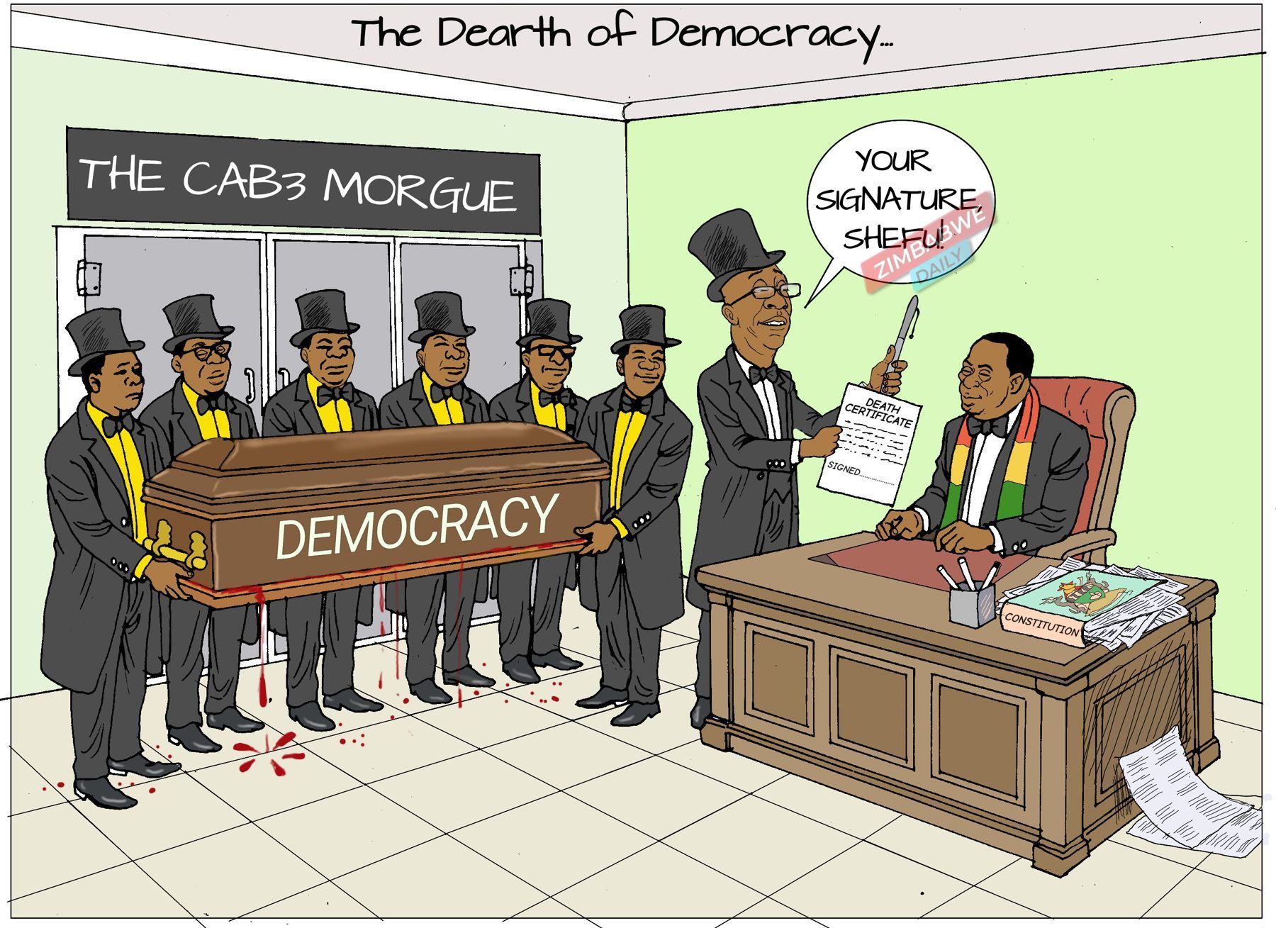 Cartoon of pallbearers carrying a coffin marked DEMOCRACY into a morgue labelled CAB3