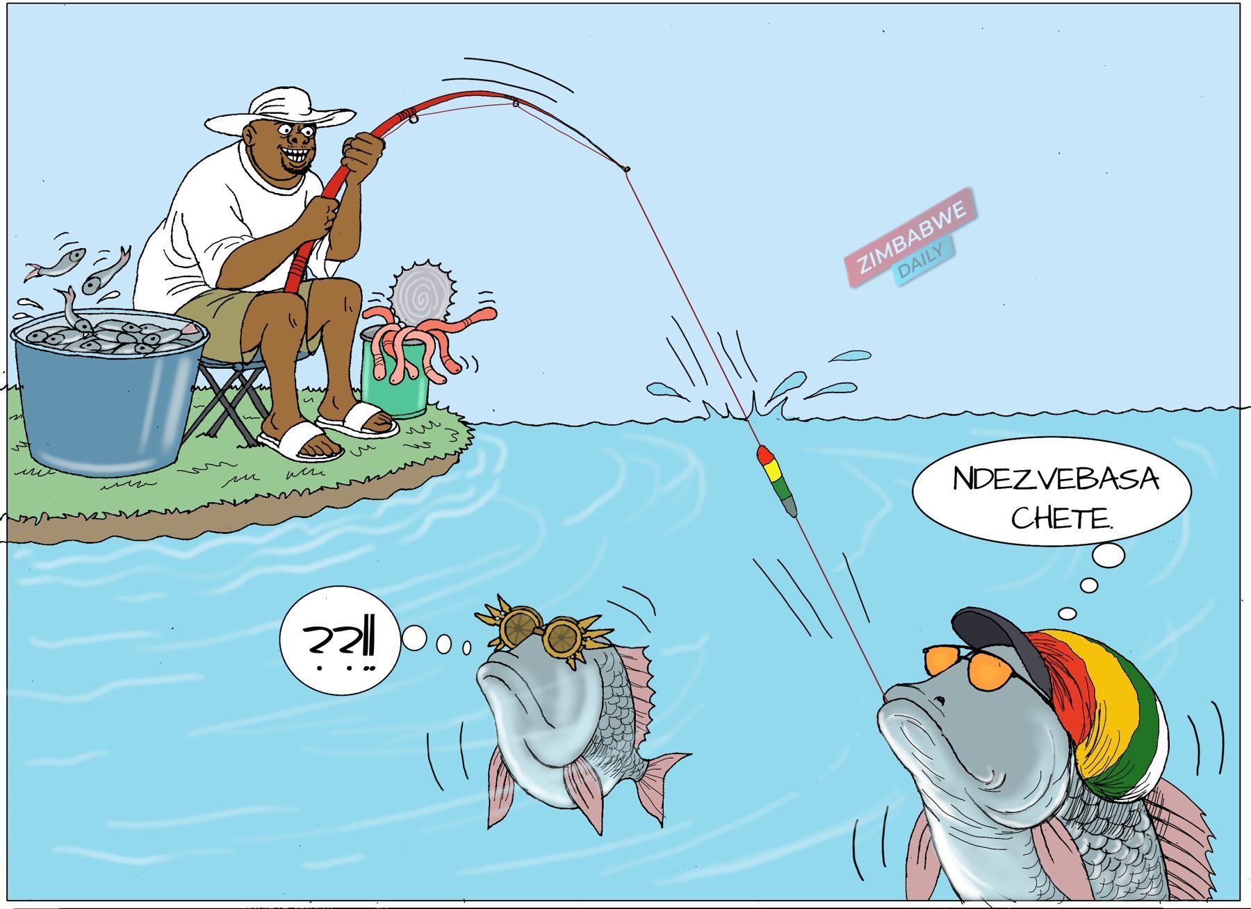 Cartoon of a big man fishing from a small island as a fish in a rasta cap swims toward the bait