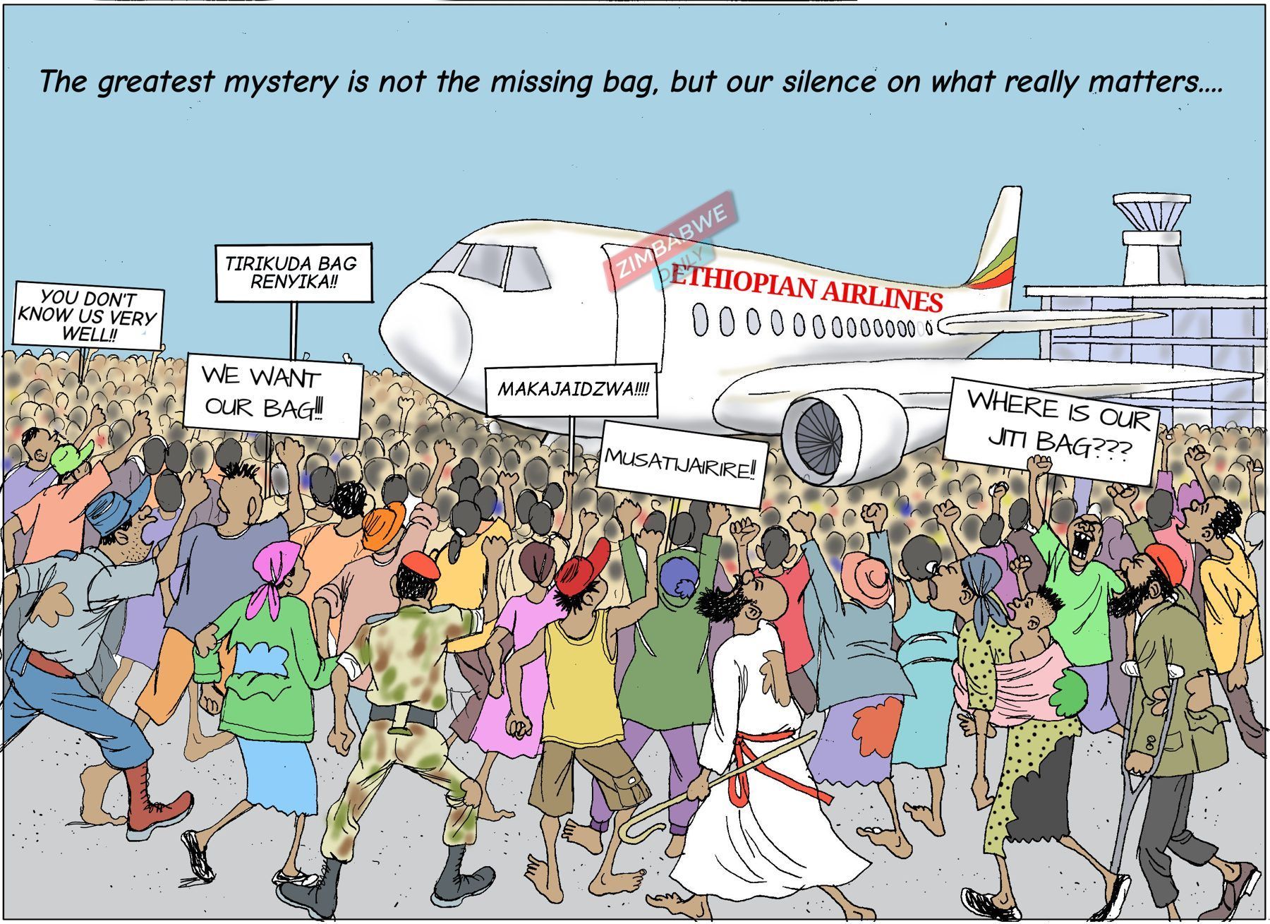 Cartoon of a crowd with placards demanding a bag outside an Ethiopian Airlines jet