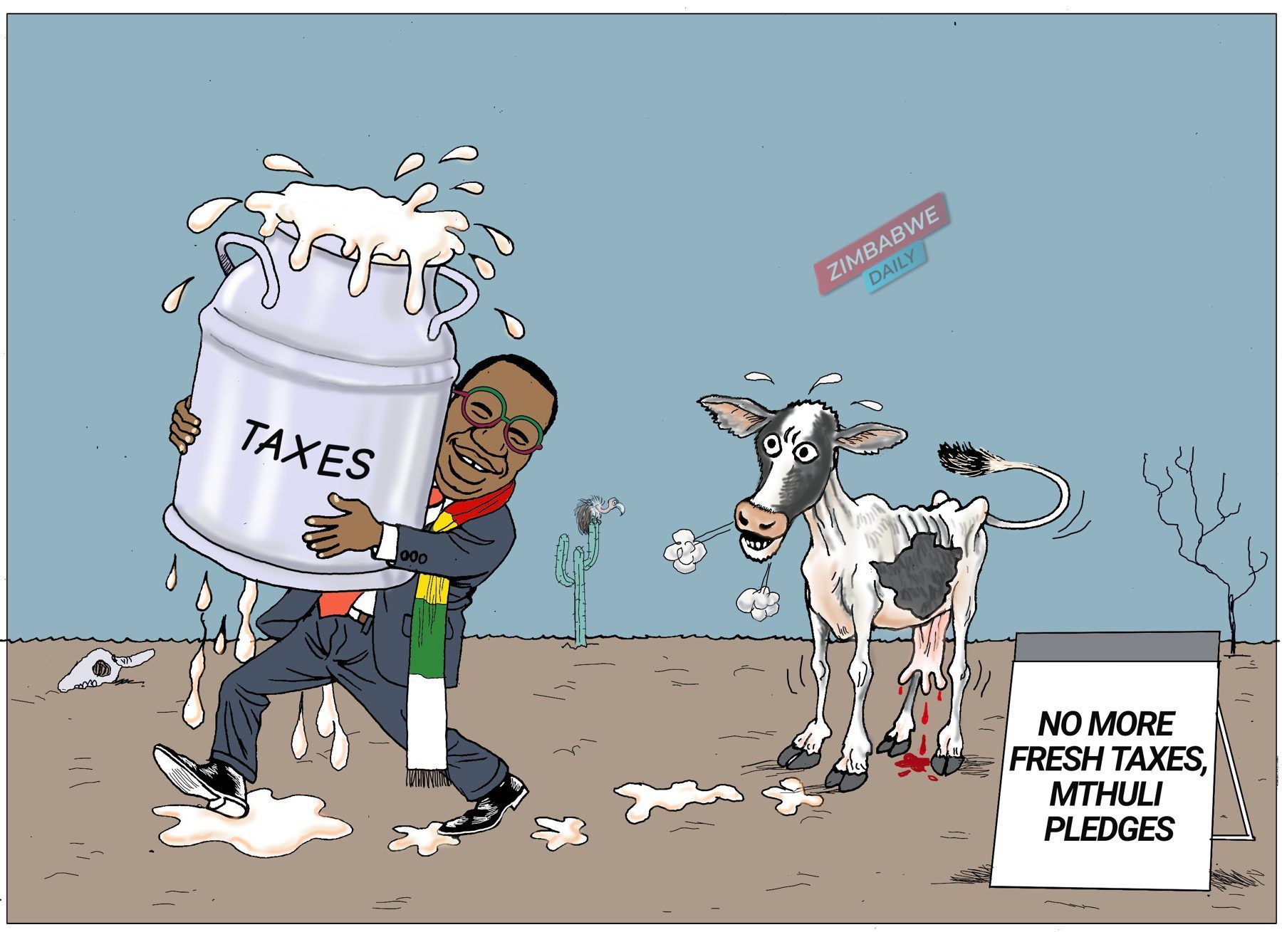 Cartoon of a minister hugging an overflowing milk churn labelled taxes beside a starving cow