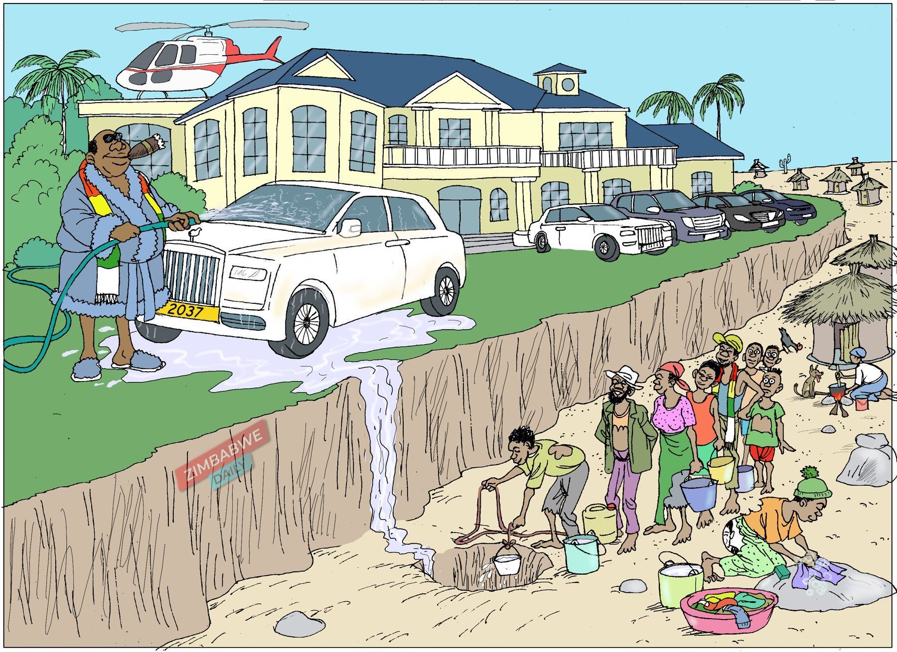 Cartoon of a rich man hosing down a Rolls-Royce outside a hilltop mansion while villagers below dig for water