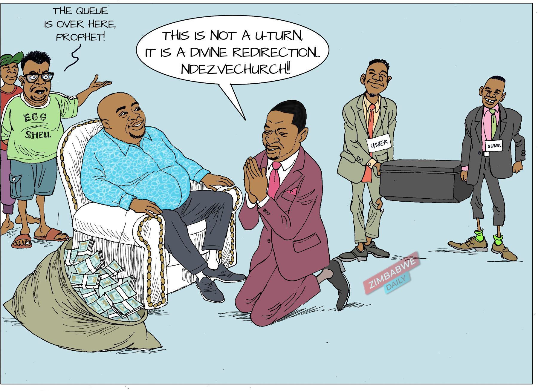 Cartoon of a kneeling preacher before a seated businessman with a sack of cash