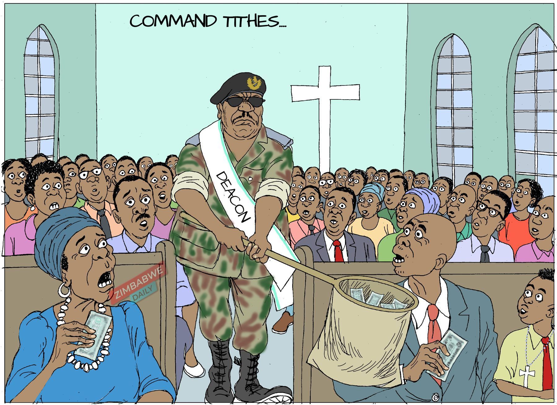 Cartoon of a soldier wearing a deacon's sash thrusting a collection net at worshippers