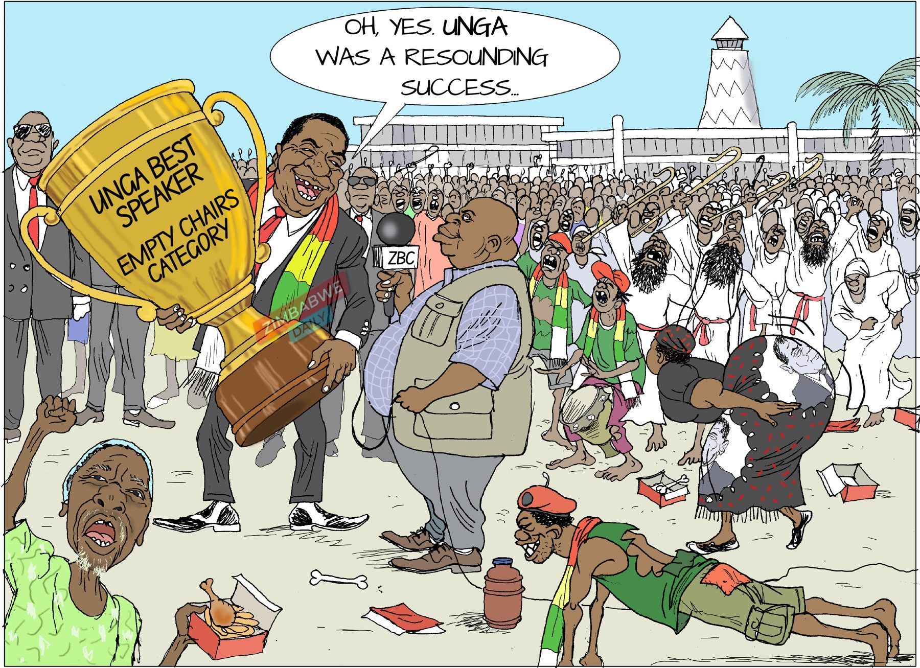 Illustration of UNGA speech to empty chairs
