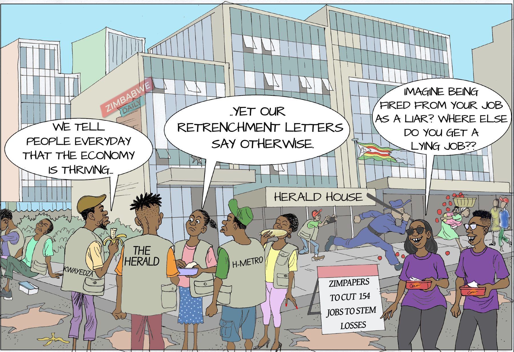 Cartoon of newspaper staff outside Herald House holding retrenchment letters