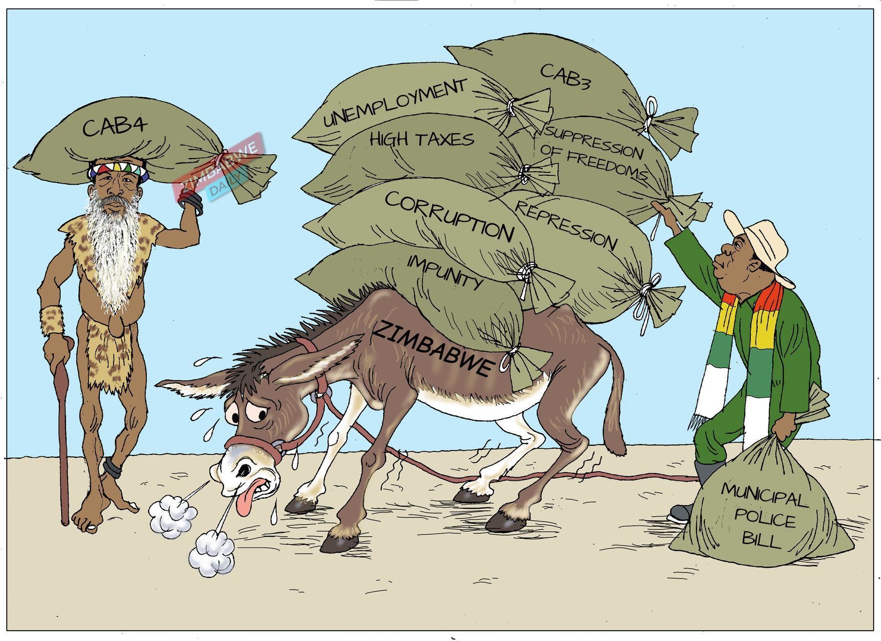Cartoon of a donkey labelled Zimbabwe buckling under sacks marked unemployment, high taxes, corruption, CAB3 and CAB4