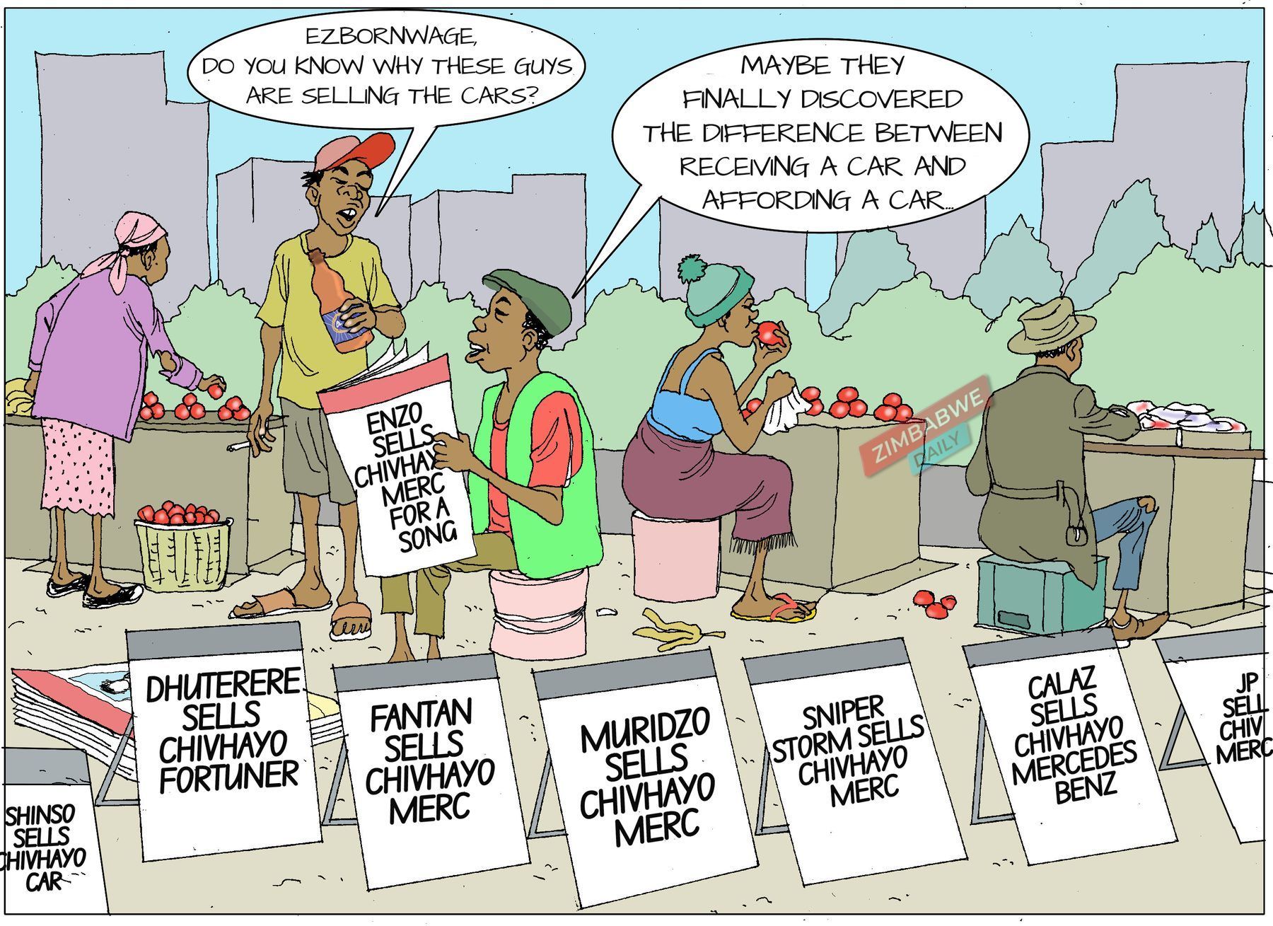 Cartoon of a street newspaper vendor with placards about celebrities selling cars gifted by Chivayo