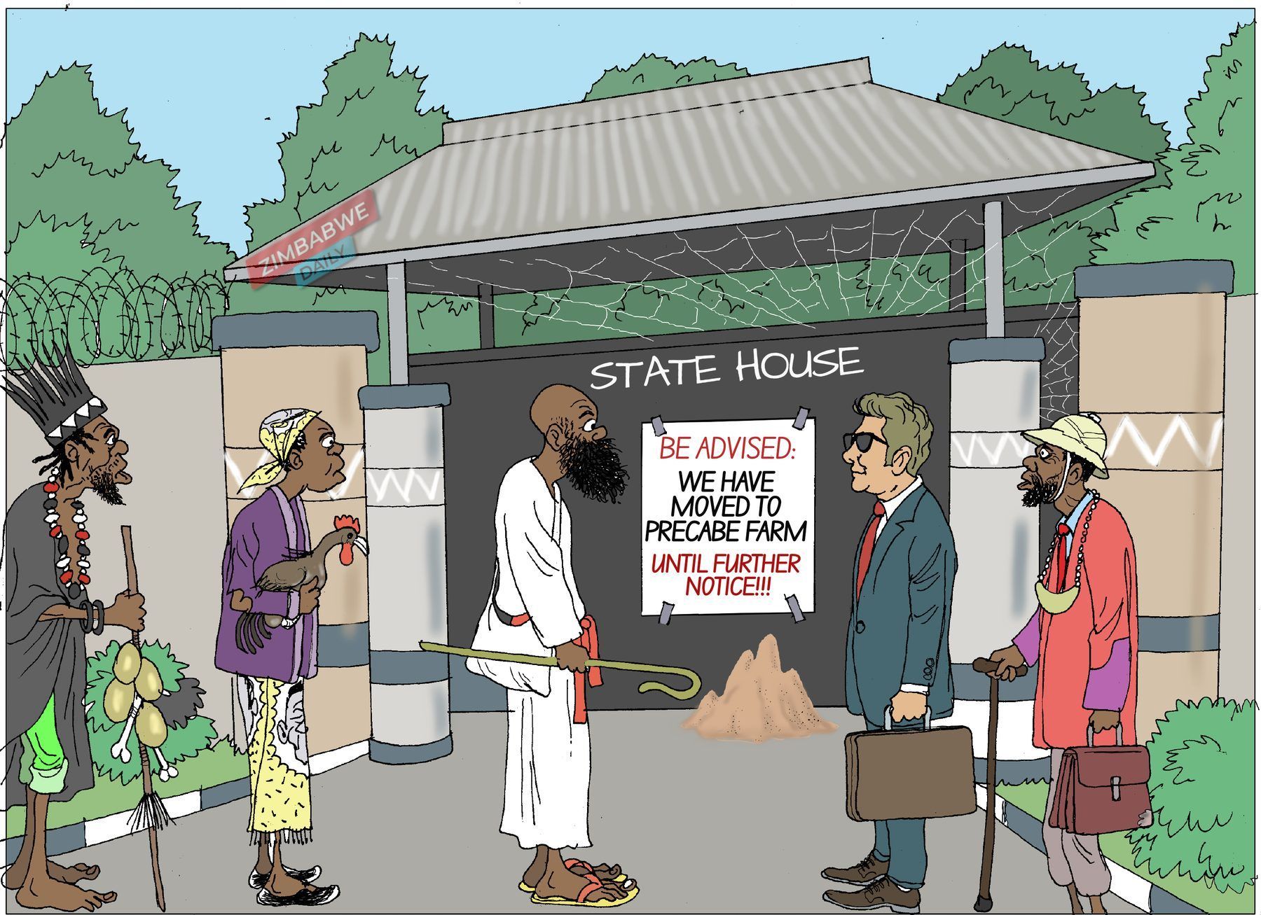 Cartoon of a notice on the State House gate announcing a move to Precabe Farm