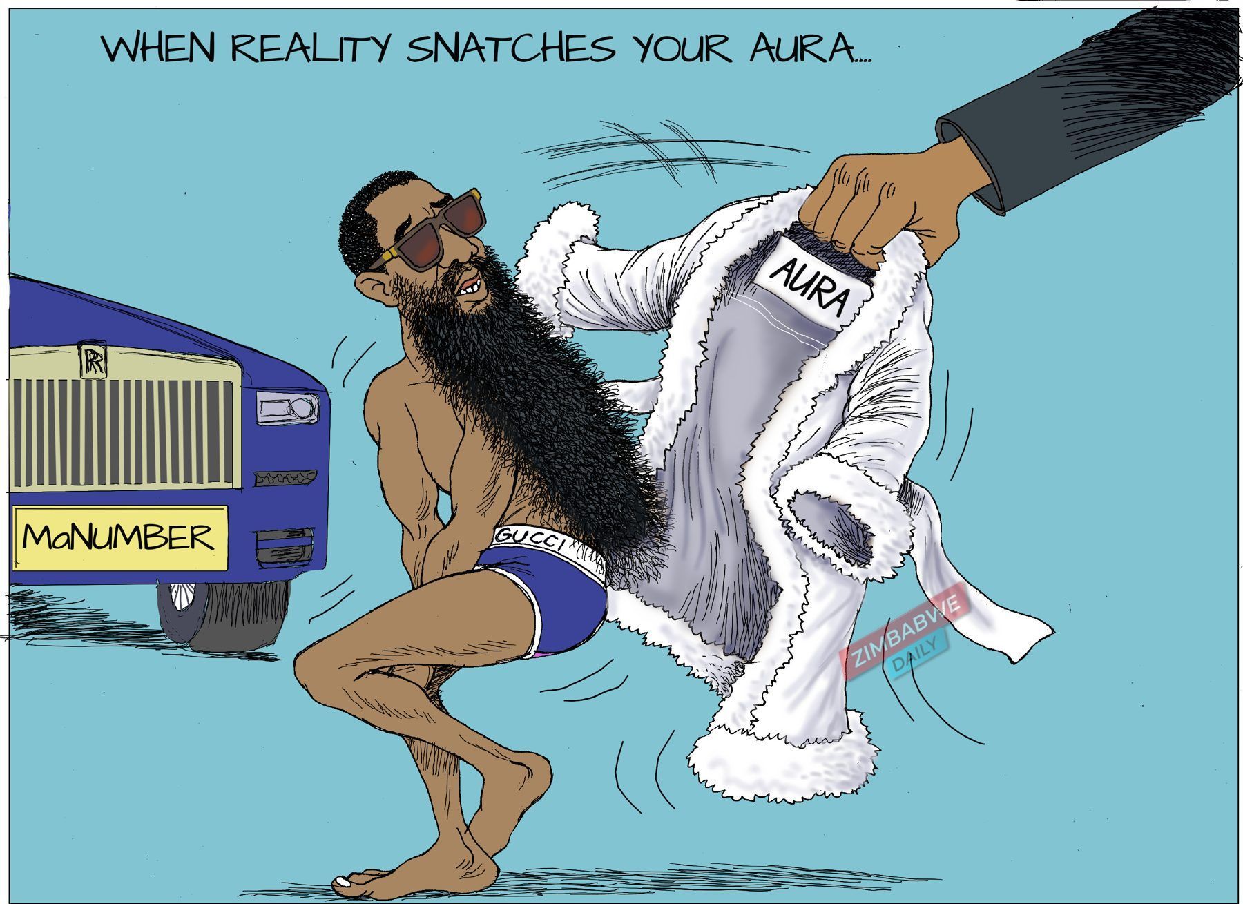 Cartoon of a hand snatching a fur-trimmed robe labelled AURA from a bearded man in Gucci briefs beside a Rolls-Royce