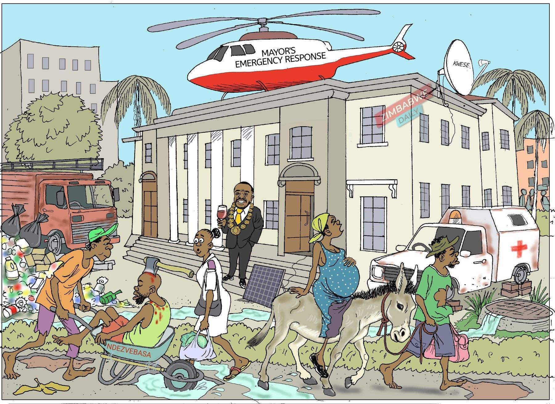 Cartoon of a helicopter marked mayor's emergency response above Town House as residents push a patient in a wheelbarrow
