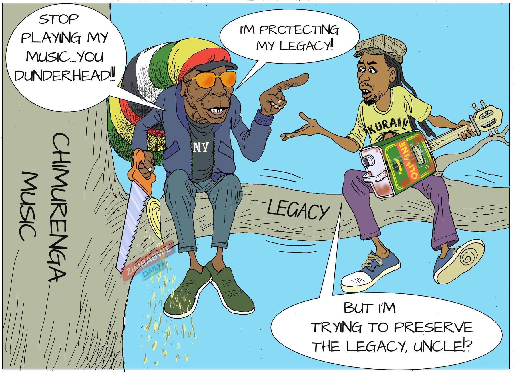 Cartoon of an older musician sawing off a tree branch labelled LEGACY on which a younger musician sits
