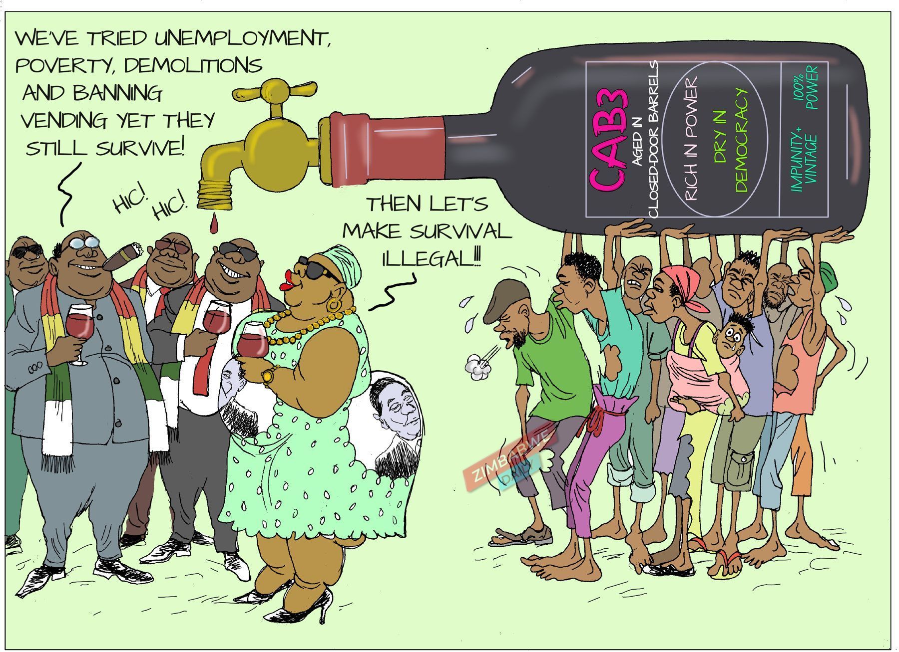 Illustration showing elite figures and impoverished citizens with CAB3 bottle