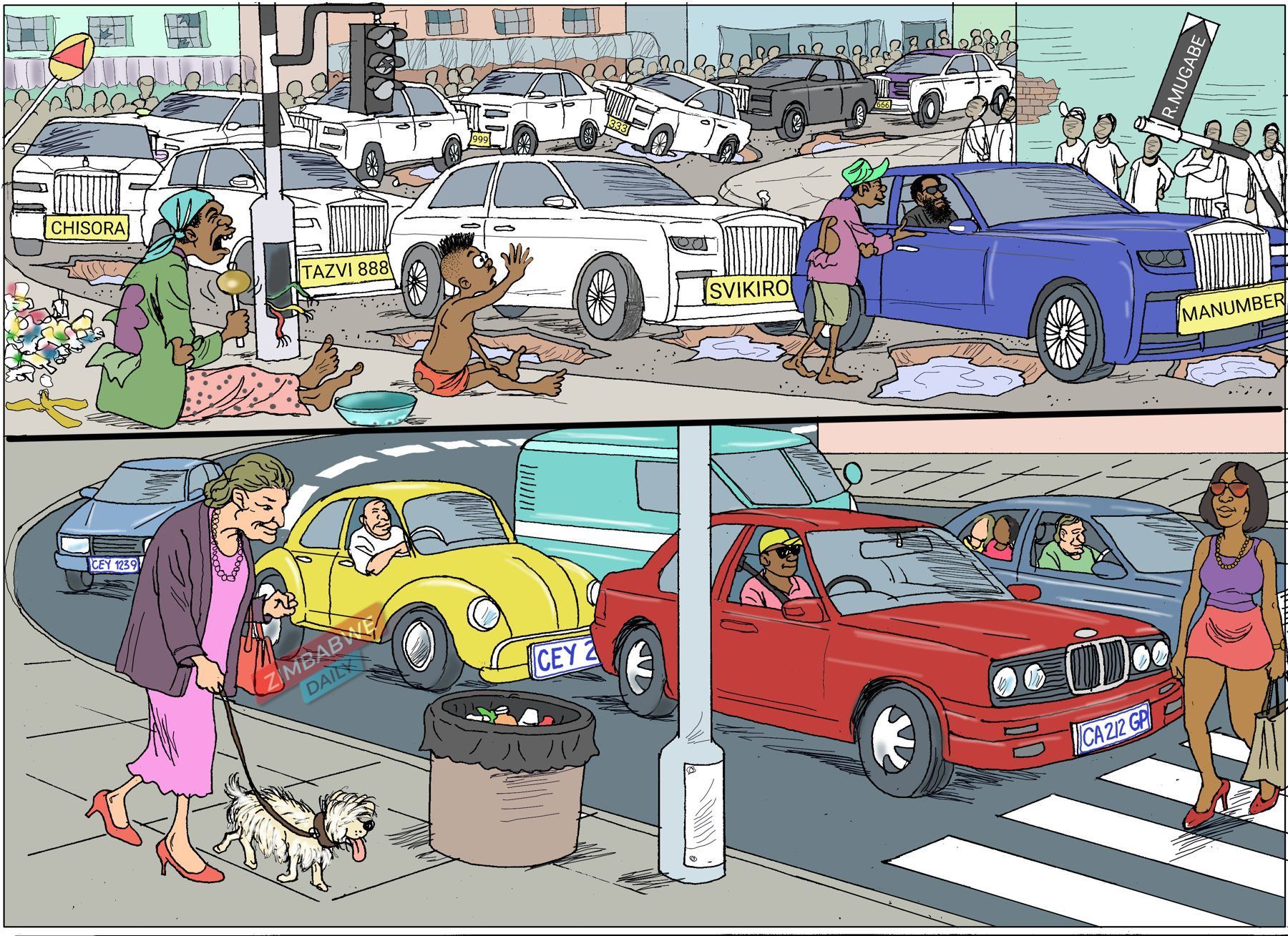 Street scene contrasting luxury Rolls-Royces with Zimbabwe's urban poverty
