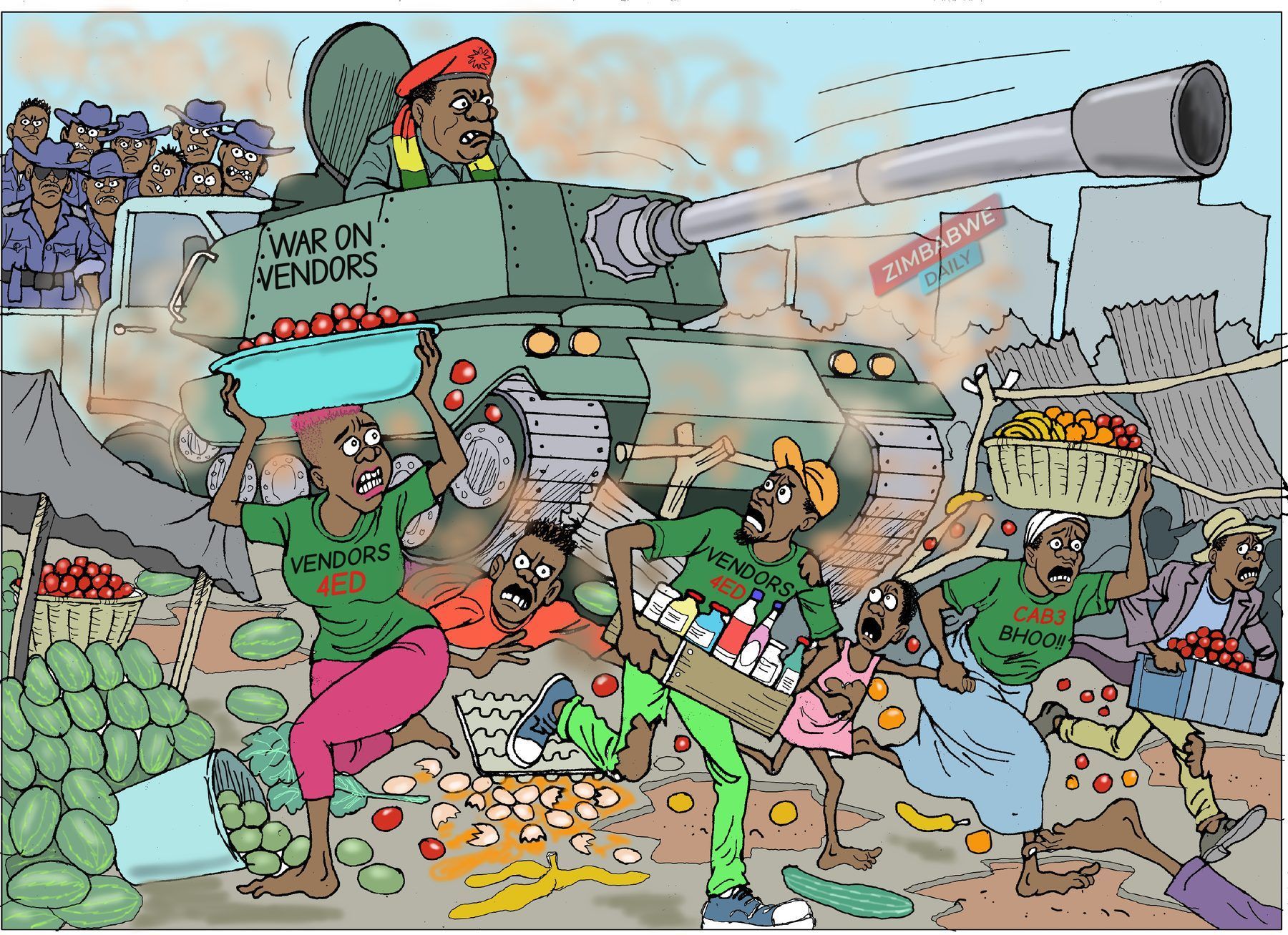 Cartoon of a tank labelled war on vendors rolling over a street market